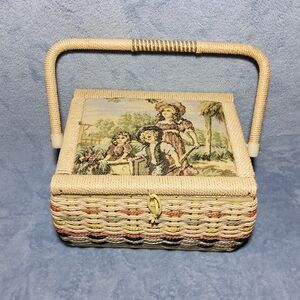 Vintage Woven Wicker Sewing Basket Box Children Tapestry Lid Satin Pin Cushion